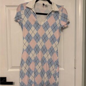 Divided Blue and Pink Argyle Mini Dress